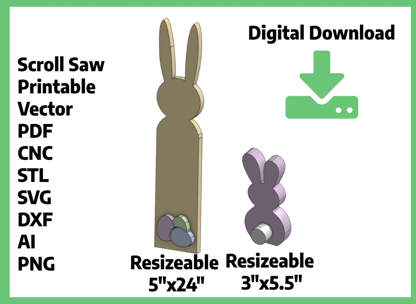 CNC/Scroll Saw Easter Bunny (2pk) Children | Vector & Print Files .PDF .SVG .stl .dwg .dxf .png